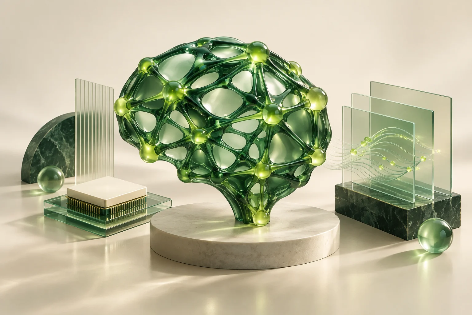 Emerald glass neural connections and a computing chip, illustrating the building blocks of artificial intelligence.