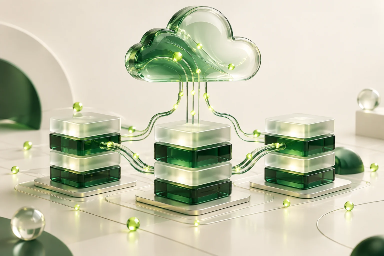 Connected glass data blocks and a cloud sculpture, illustrating how data and cloud systems work together.